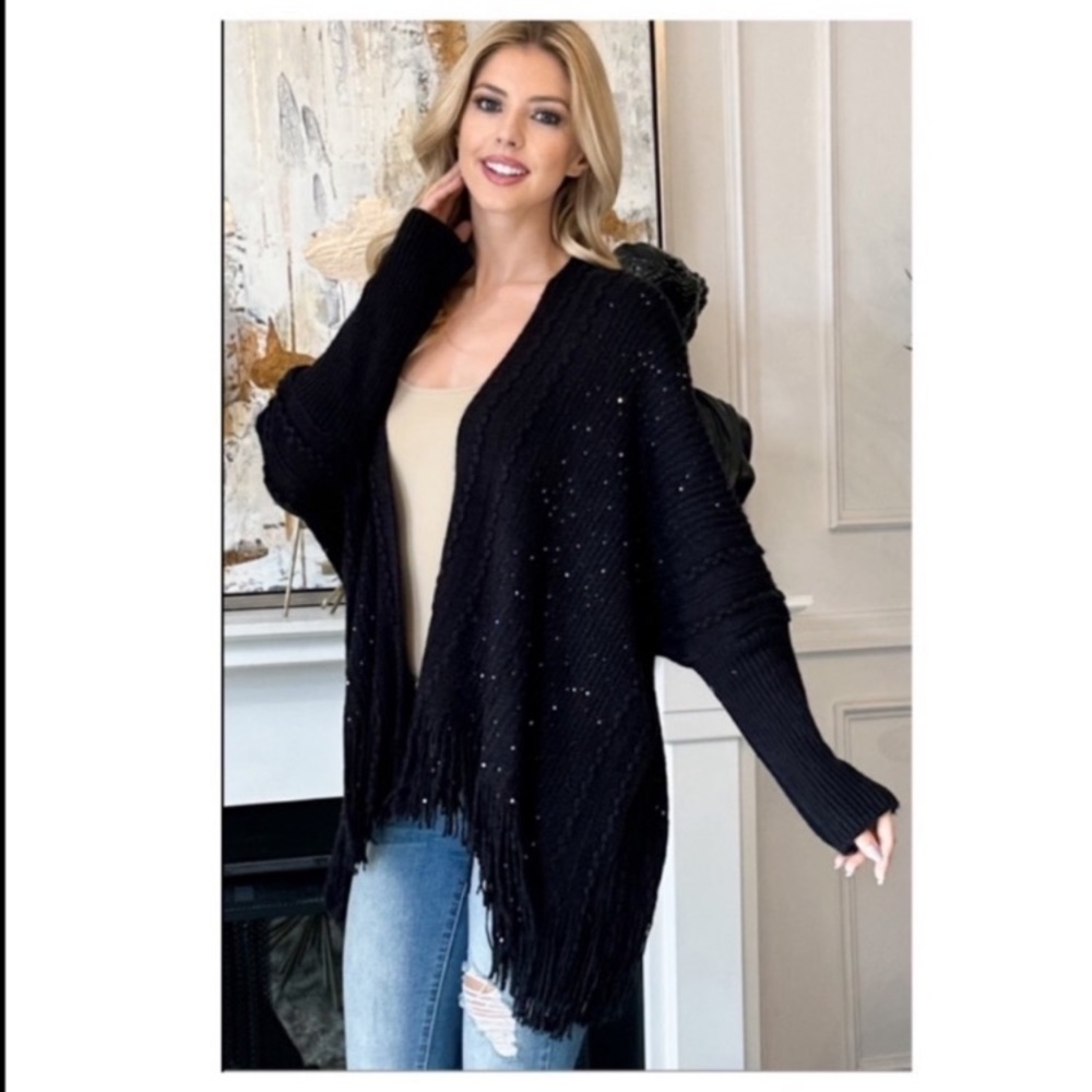 NEW Black Sequin & Fringe Cardigan - Picture 4 of 15